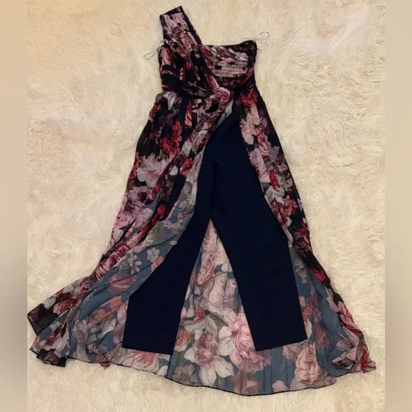 NEW Kay Unger Layla Floral Print Walk Thru Jumpsuit with Full Length Skirt Sz 2